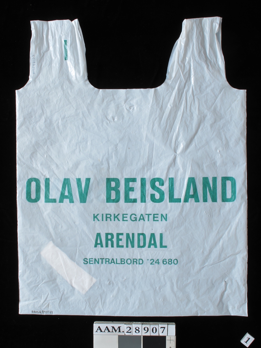 Bærepose for dagligvarer.  Firma Olav Beisland, Arendal.