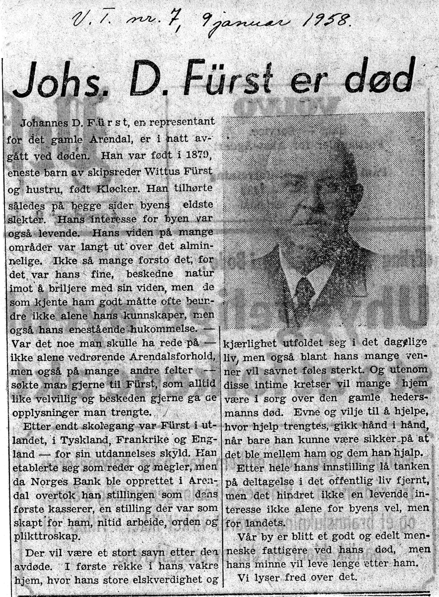 Fra John Ditlef Fürst fotoalbum. Artikkelklipp "Johs. D. Fürst er død" fra avis 9. januar 1958 V. T. nr 7 - AAks 44 - 4 - 7