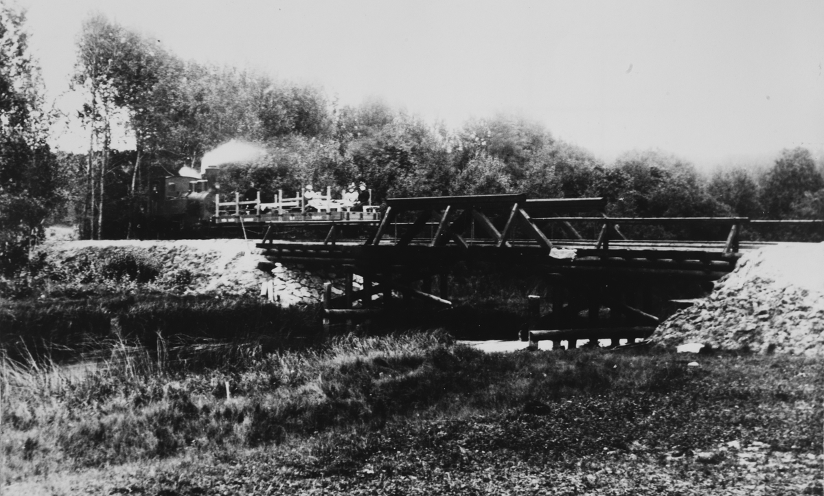 Inspeksjonstog på vei inn på Eidsverkets sidespor på Bjørkelangen sommeren 1896. En av Eidsverkets privatvogner er påmontert karmer og benker for passasjertransport.