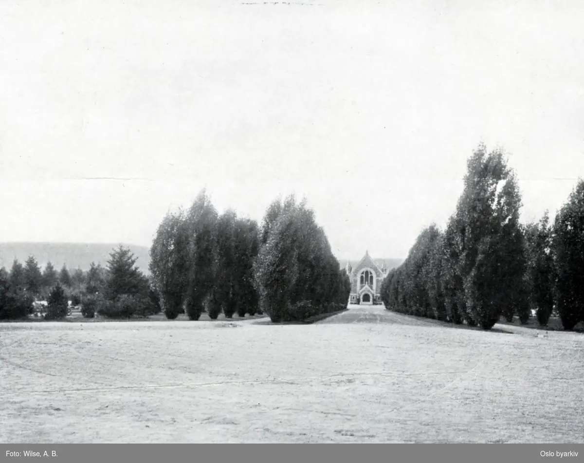 Gravlunden med kapellet i bakgrunnen. Parktrær, alletrær. Bilde brukt i kommuneberetningen fra 1887 - 1911.
