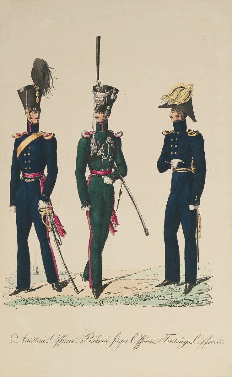 Tegning nr.3: Norske uniformer 1830: Artillerie-Officeer. Ridende Jæger ...