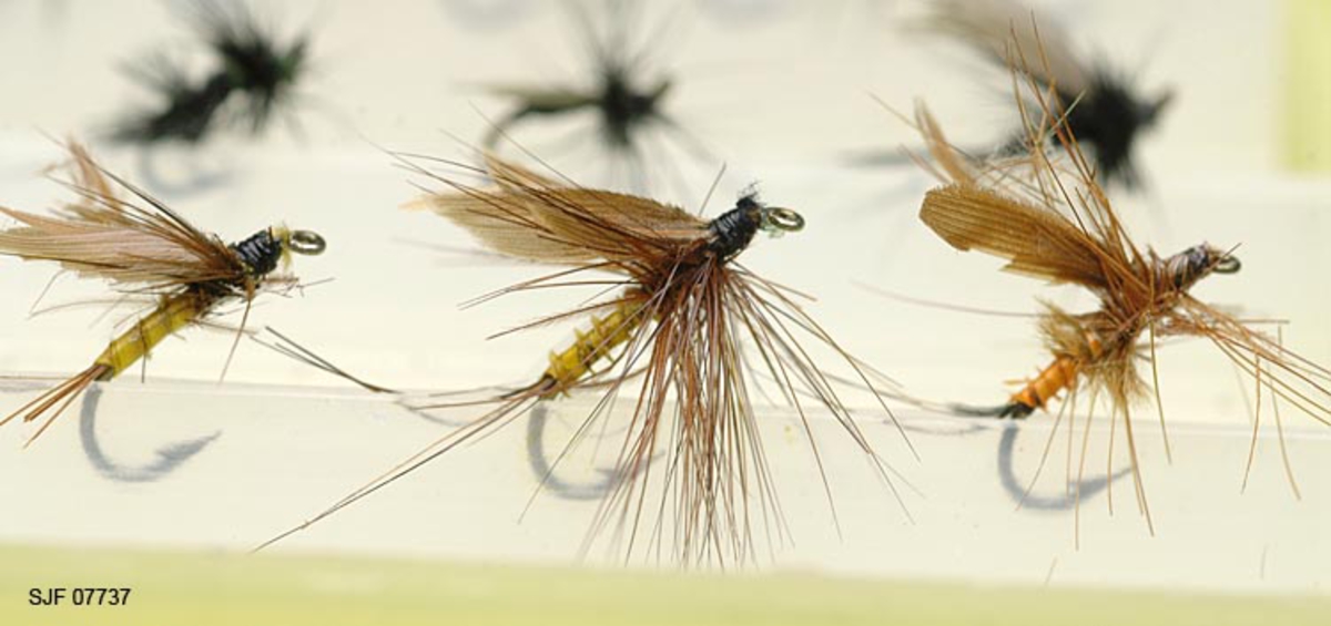 Tilstand: I forbindelse med omfototgrafering høsten 2002, oppdaget OT Ljøstad at enkelte av fluene i denne esken var totalt ødelagt av møllangrep.  Problemet må ses i sammenheng med at materialet har vært oppbevart i magasin C, der temperaturforholdene har passet møllen godt.  Fluene vil nå bli reingjort og flyttet til kjølerommet. 

Boksen inneholder ialt 76 fluer alle ant. tørrfluer. 2 stk har ekstra lange bein ant. navn: Daddy long legg. Tørrfluene virker på den måten at de flyter oppå vannet. Giveren har skrevet ei bok som heter "Isfiske" sammen med Knut Rom, boka ble utgitt i 1972. Giverens far var en ivrig sportsfisker og er gitt tittelen "Den fullendte sportsfisker". 