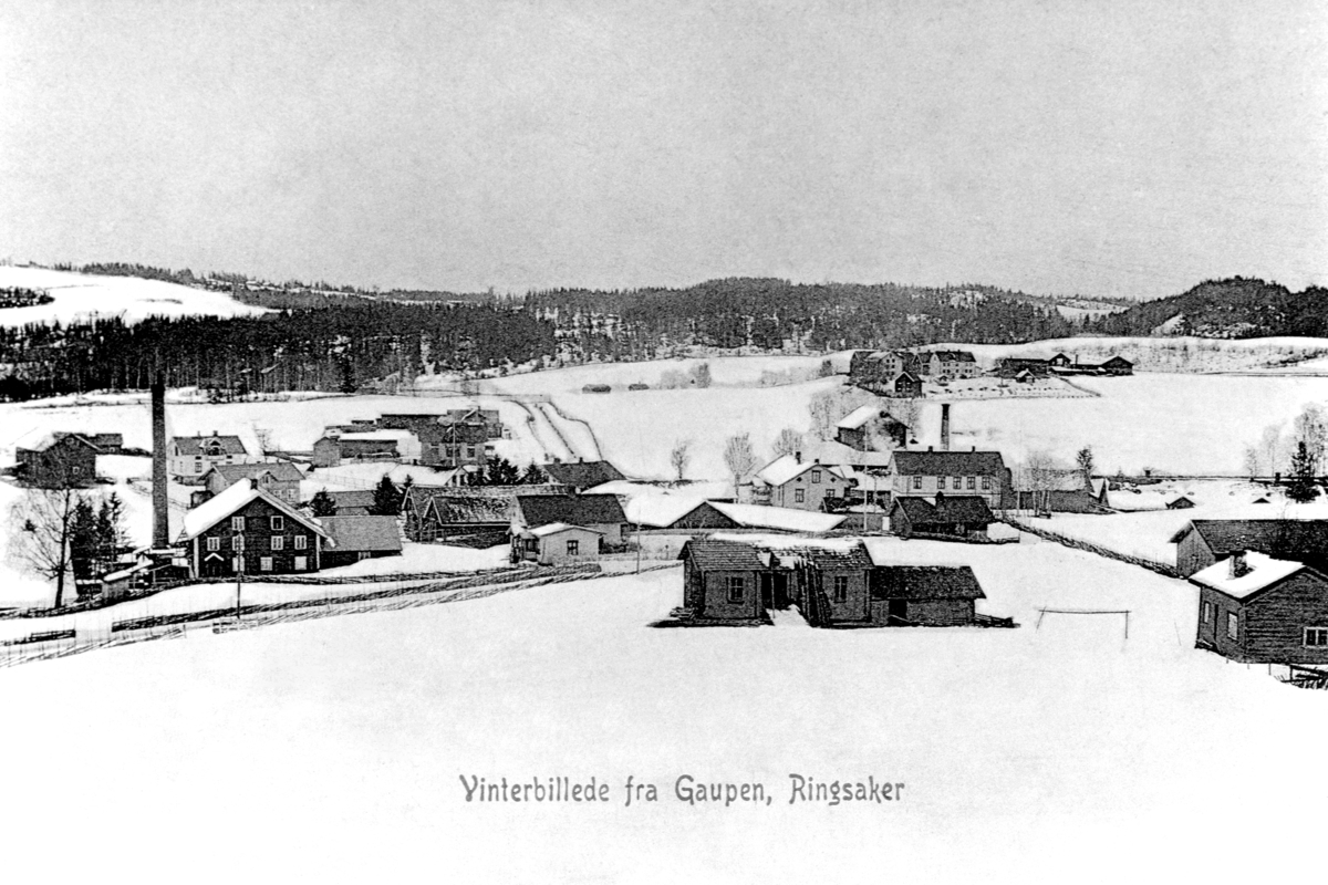 Oversikt Gaupen sentrum, til venstre er Gaupen Brenneri (startet i 1847), til høyre er Gaupen Meieri, Hersaug gård bak til høyre. Postkort.