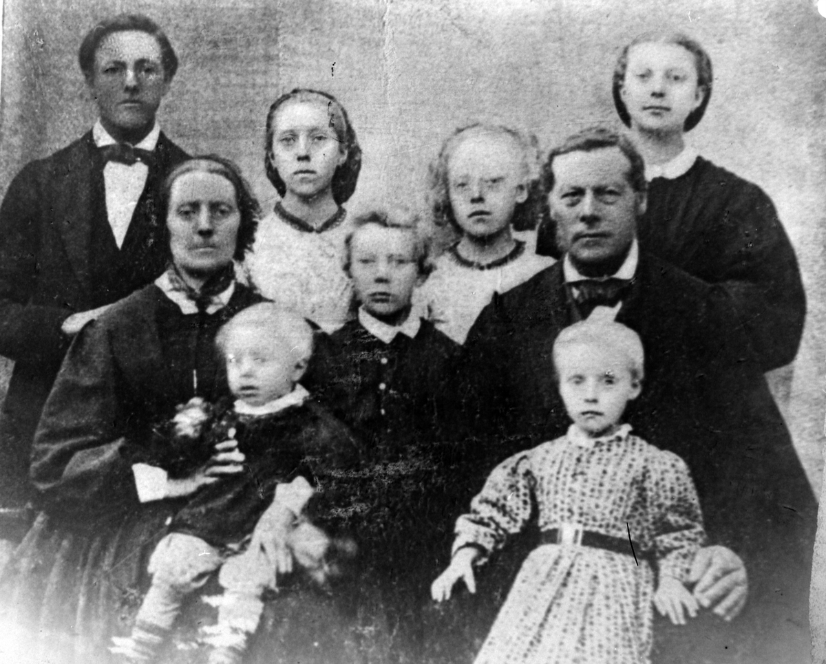 Pauline (F. Hovelsrud) og Børre Hovelsen Sølvsberg med barn. Foran fra venstre er Arnt, Frants og Karen. Bak fra venstre er Halvor, Oline, Klara og Polla. Søvsberg, Nes, Hedmark, juli 1864.