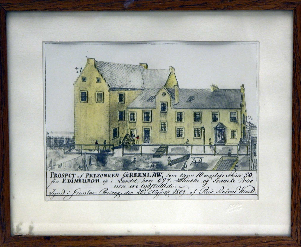 Kopi av tegning av Presongen Greenlaw i Skottland. Hvor kaperfanger satt i arrest på begynnelsen av 1800-tallet.