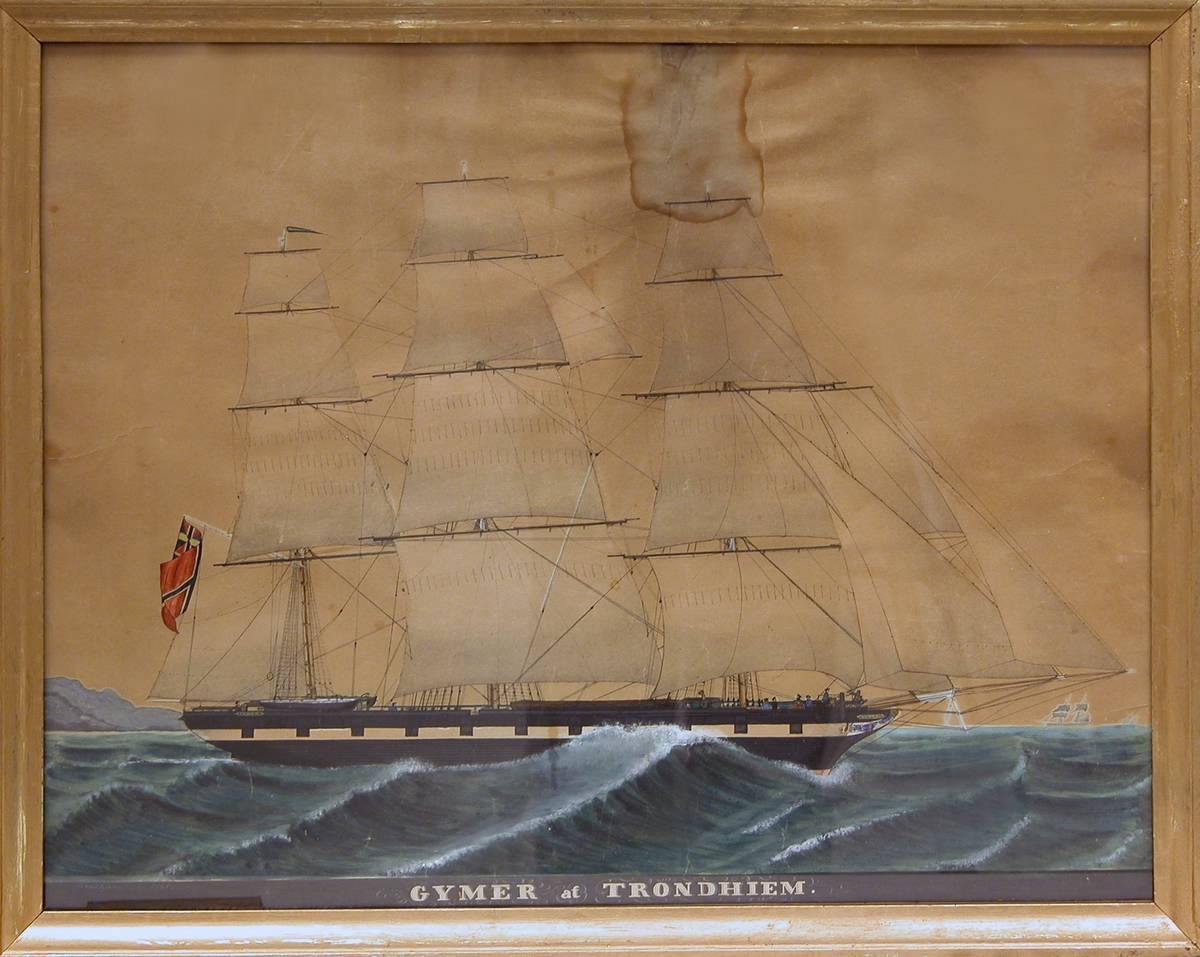Akvarell av fullrigger "Gymer" af Trondhjem. Med fulle seil utenfor kyst.