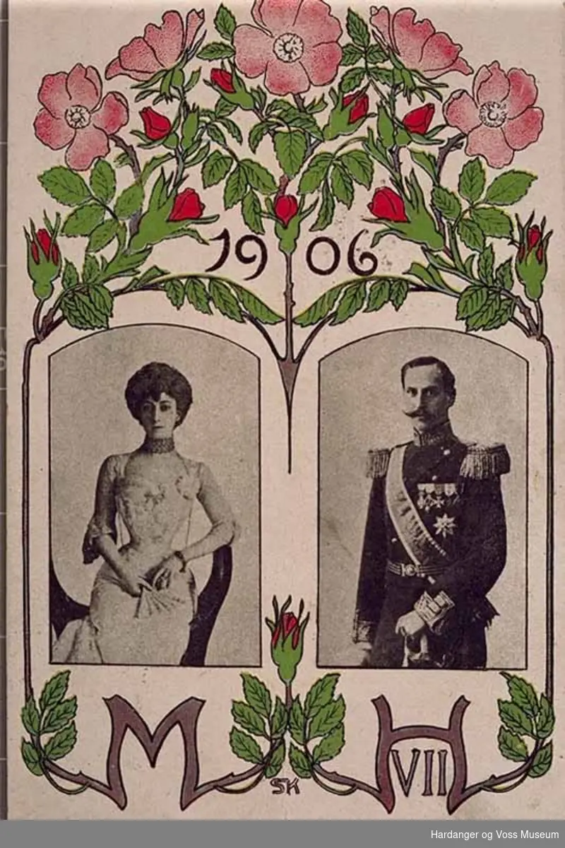 Gruppe, portrett, kvinne, mann, postkort. Dronning Maud og Kong Haakon VII
