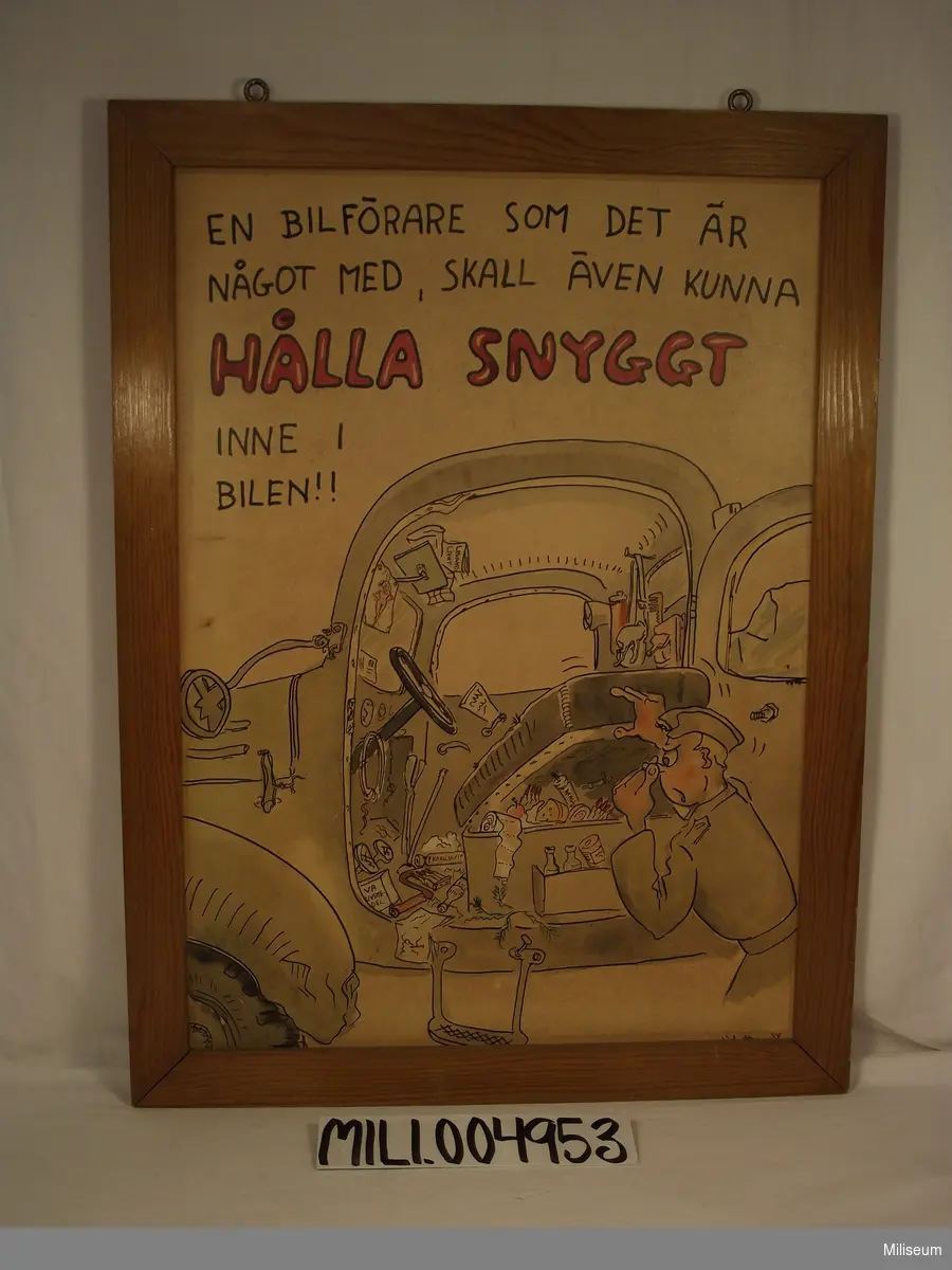 Skötselanvisningar för motortjänst "En bilförare som det är något med, skall även kunna hålla snyggt inne i bilen!!" 
Akvarell av Ulf Bottne.