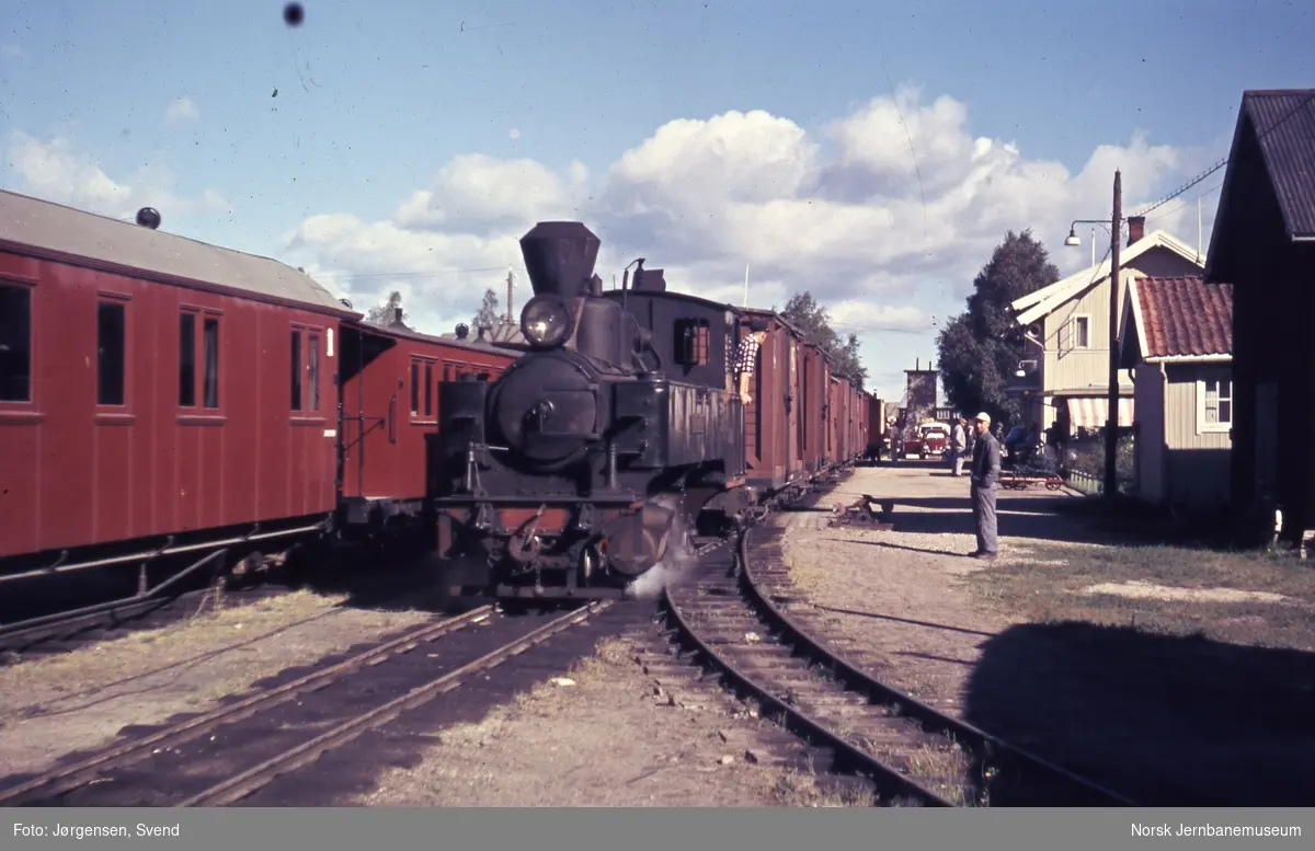 Damplokomotiv foran blandet tog på Bjørkelangen stasjon