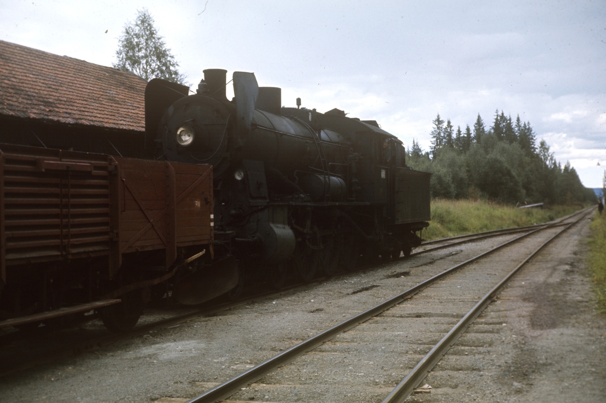 Damplokomotiv type 30b nr. 347 med godstog ved Bøverbru kalkverk sidespor på Skreiabanen