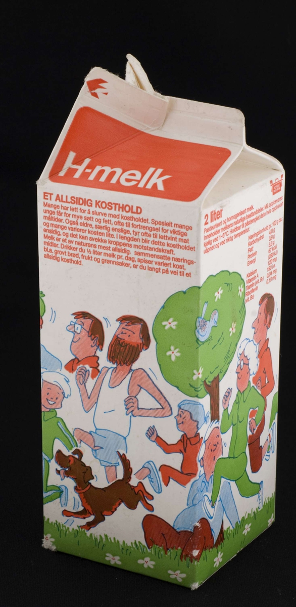 2 liters melkekartong dekorert med tegning av folk som løper ute i naturen