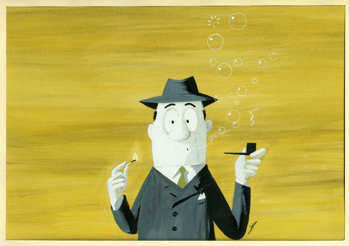 Akvarell av mann som røker pipe. Humoristisk.