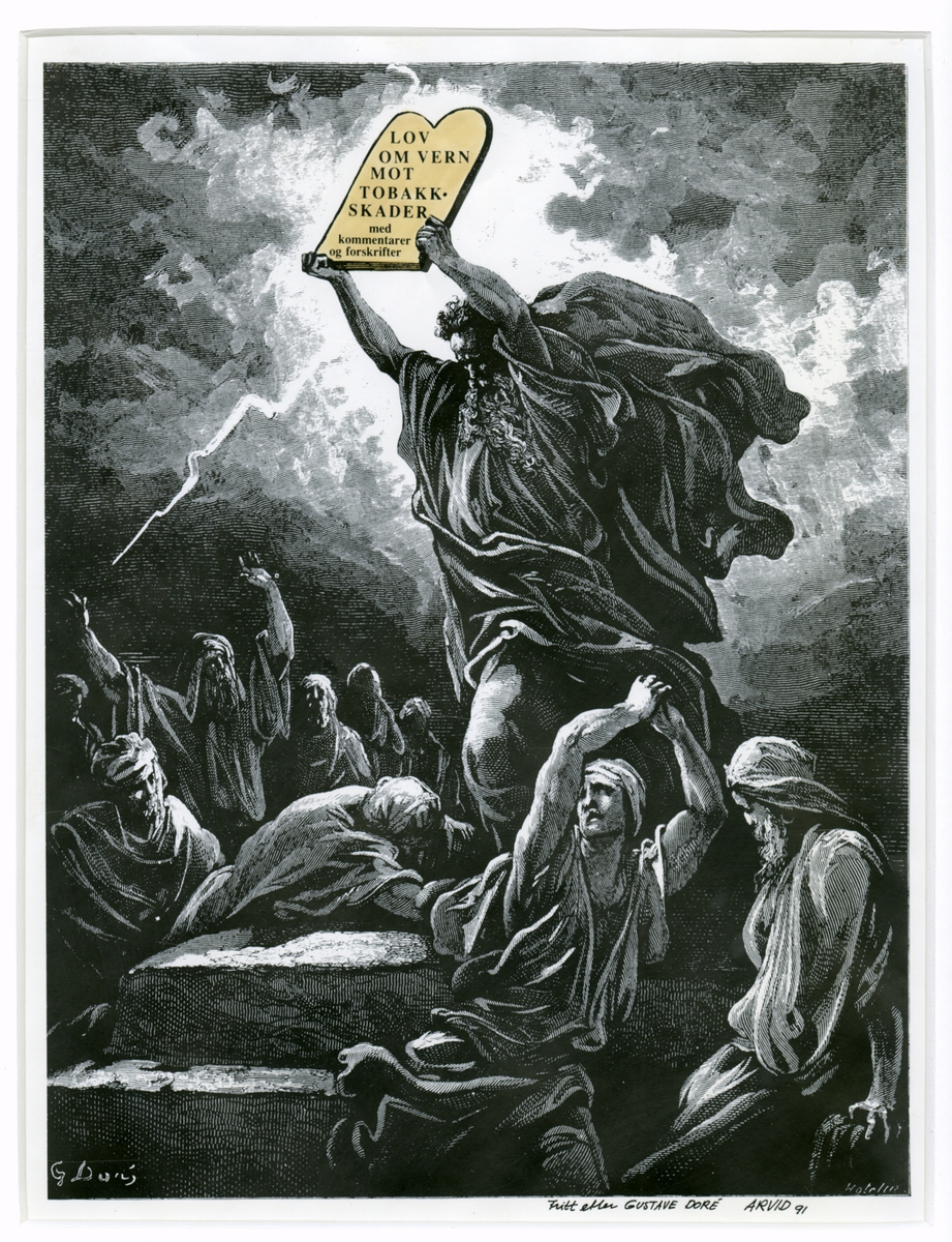 Tegning etter Paul Gustave Dores bibelillustrasjon av Moses som knuser steintavlen.
På steintavlen står innskriften (se innskrift)