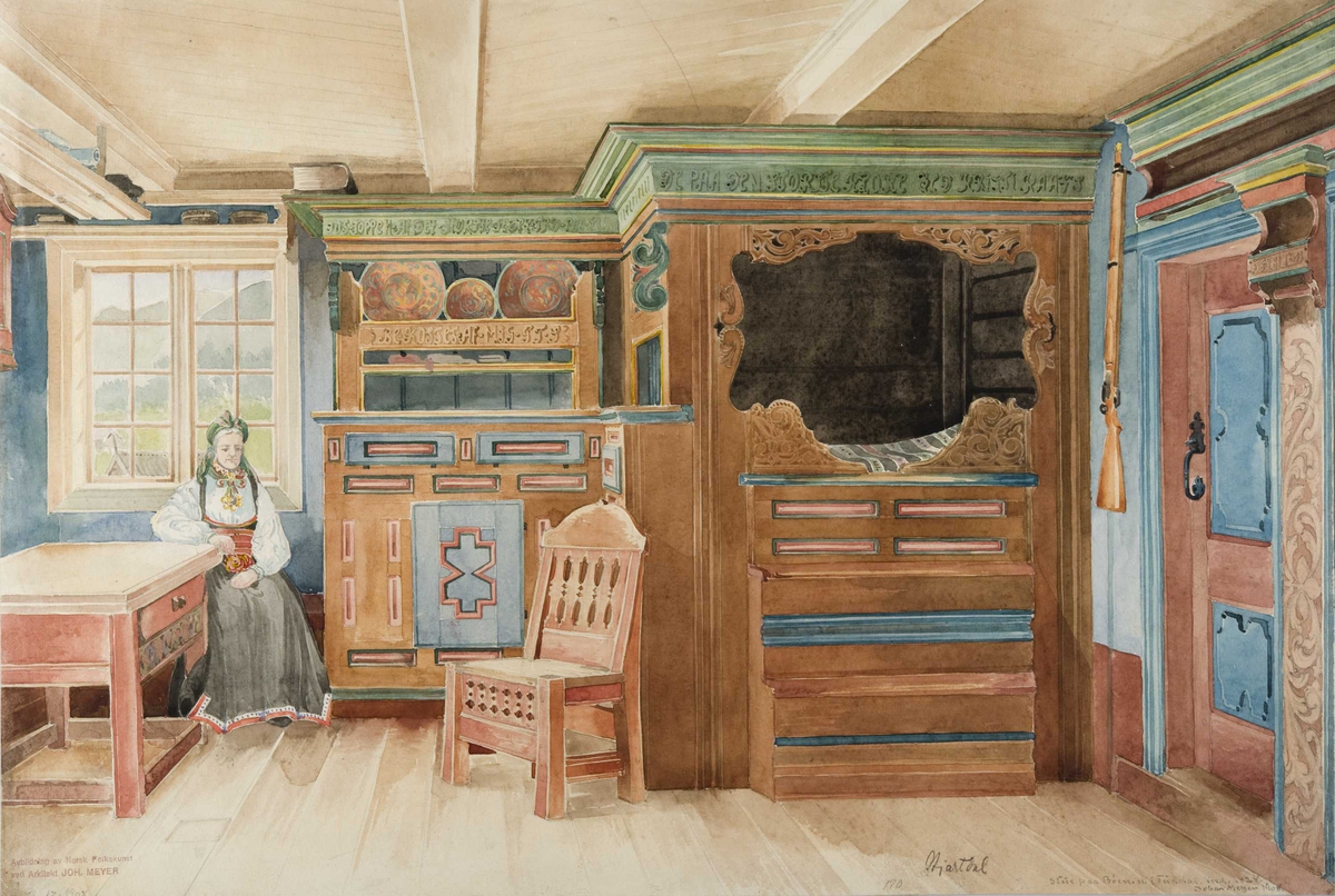 Johan J. Meyers akvarell (1908) av stueinteriør, Bøen, Tuddal, Hjartdal, Telemark. Kvinne i bunad sittende ved bordet.
