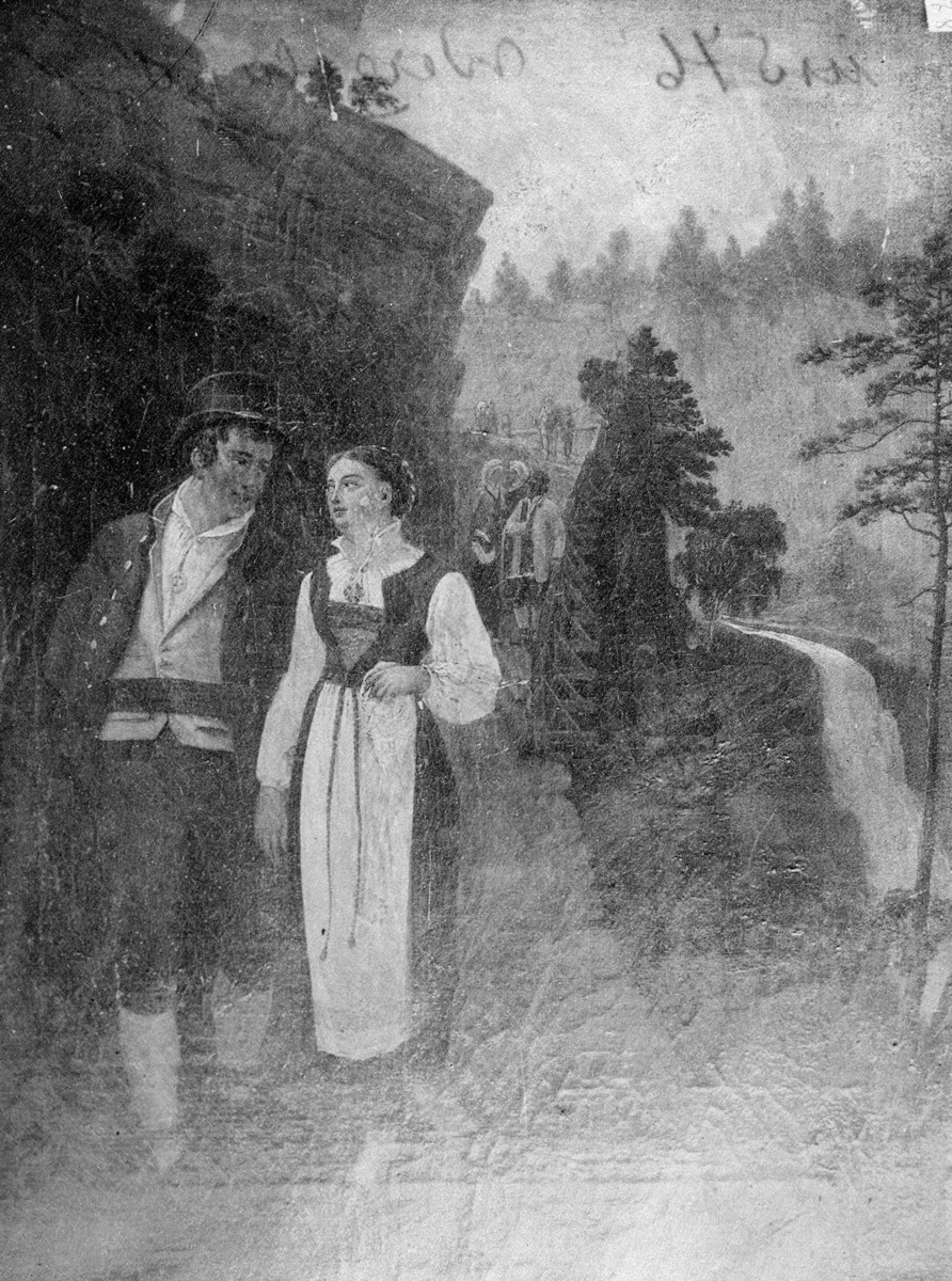 Den kulturhistoriske utstilling på Norsk Folkemuseum, Oslo 1901. "Paa Kjærlighedsstien". Maleri av Johannes Flintoe.