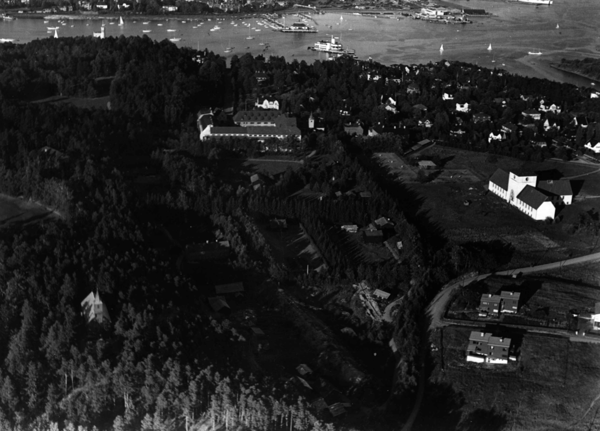 Norsk Folkemuseum, oversiktsbilde av museumsområdet tatt fra luften.