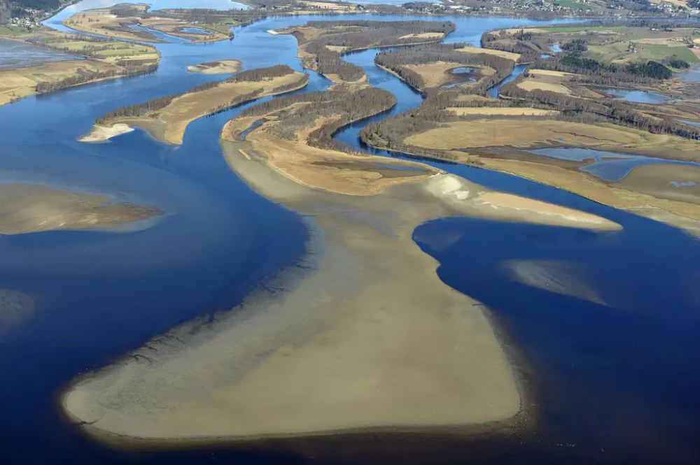 Flyfoto som viser mudderbanker ved lav vannstand i naturreservatet. Mange øyer med elver.