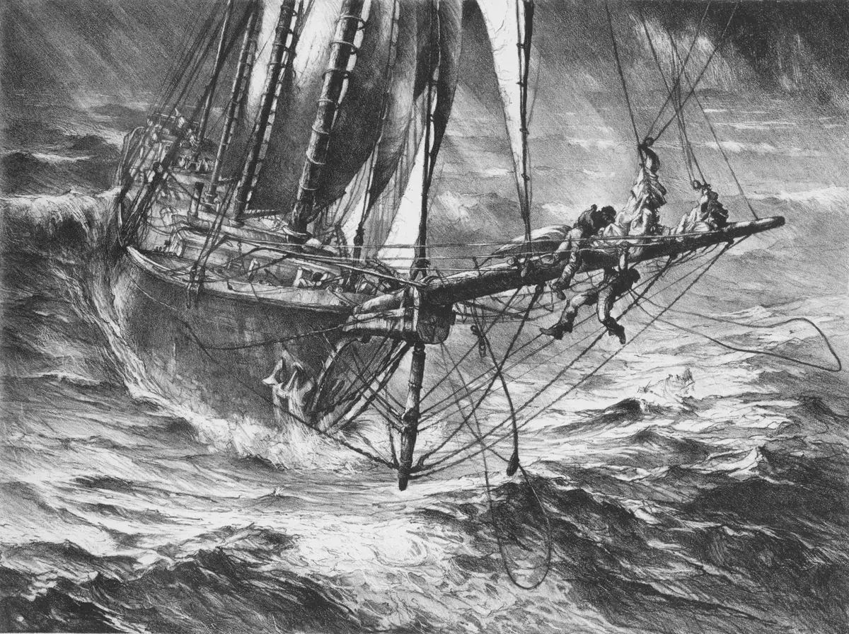Lithograph by John A. Noble showing sailors working on the jib sail of a schooner in rough seas.