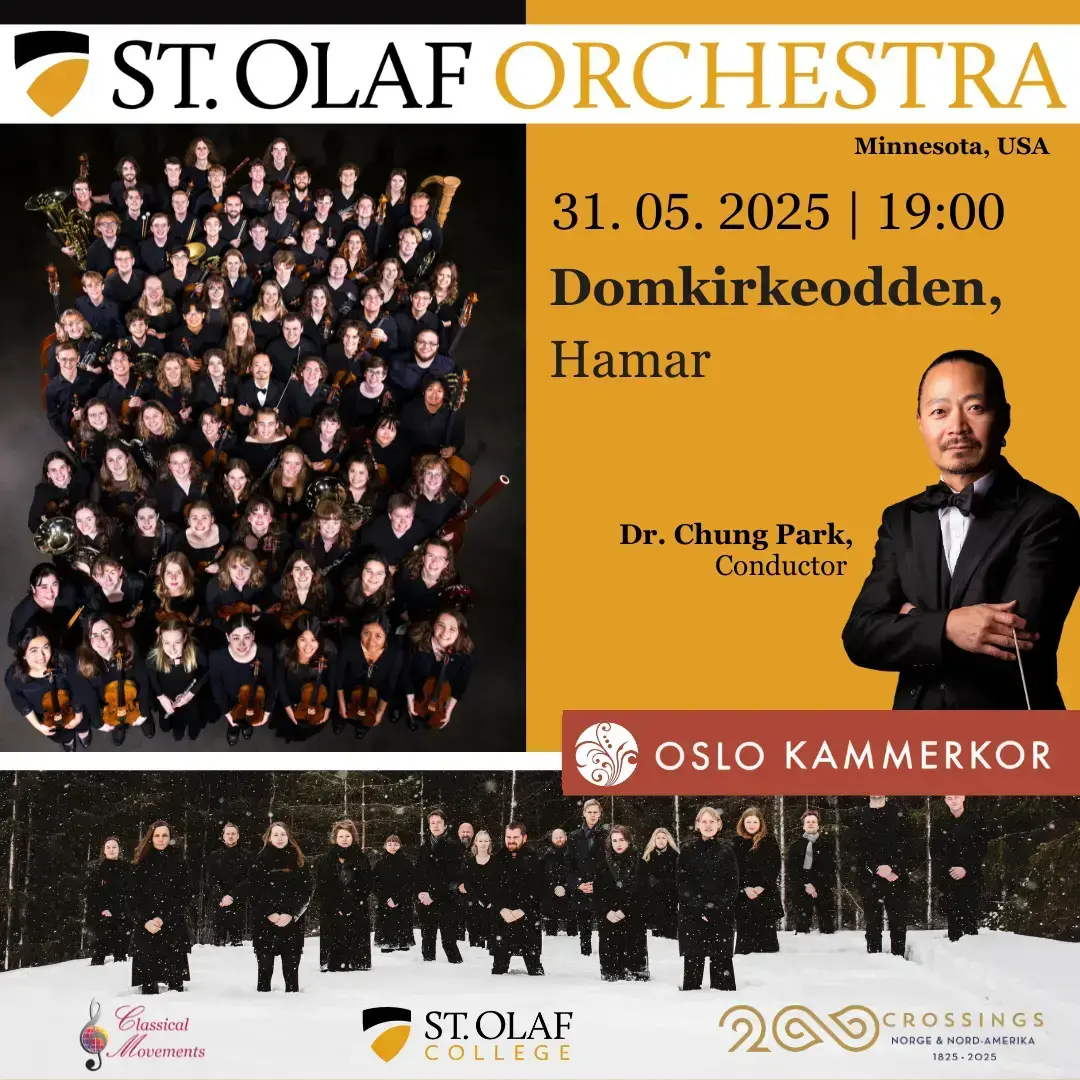Plakat for konsert med St Olaf Orchestra og Oslo kammerkor. Collage med bilde av medvirkende og dirigenten.