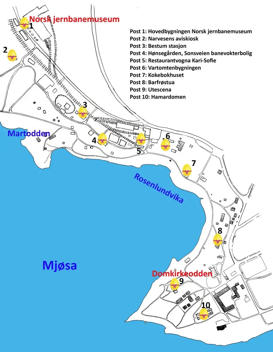 Kart som viser museumsparkene til Norsk Jernbanemuseum og Domkirkeodden med navn på postene. Post 1: hovedbygningen Norsk jernbanemuseum, post 2: Narvesen aviskiosk, post 3: Bestum stasjon, post 4: hønsegården ved Sonsveien banevokterbolig, post 5: restaurantvogna Kari-Sofie, post 6: Vartomtenbygningen, post 7: Kokebokhuset, post 8: Barfrøstua, post 9: Utescena, post 10: Hamardomen